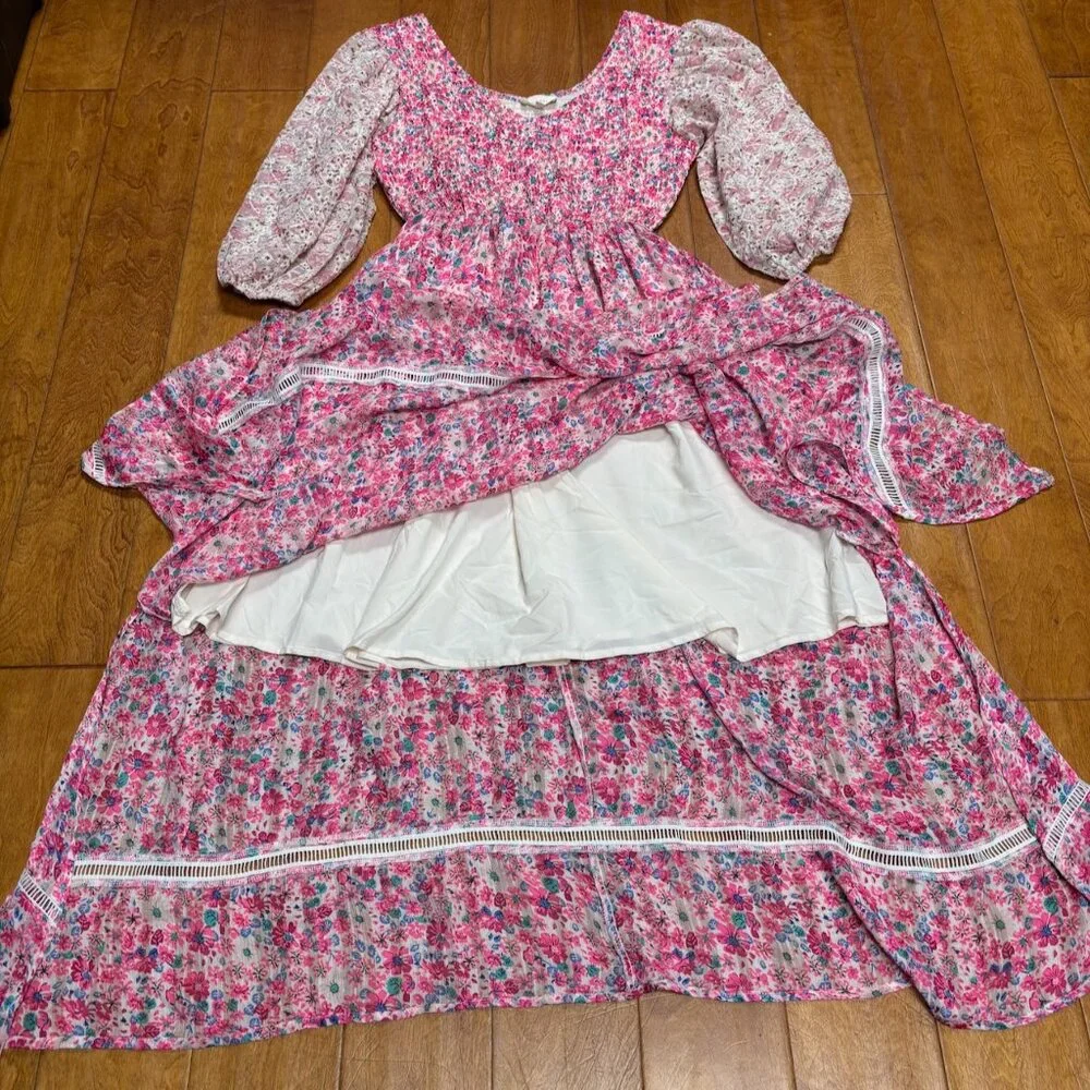 Melloday Floral Midi Dress Size L Fairy Festival Cottage‎ Prairie Asymmetric